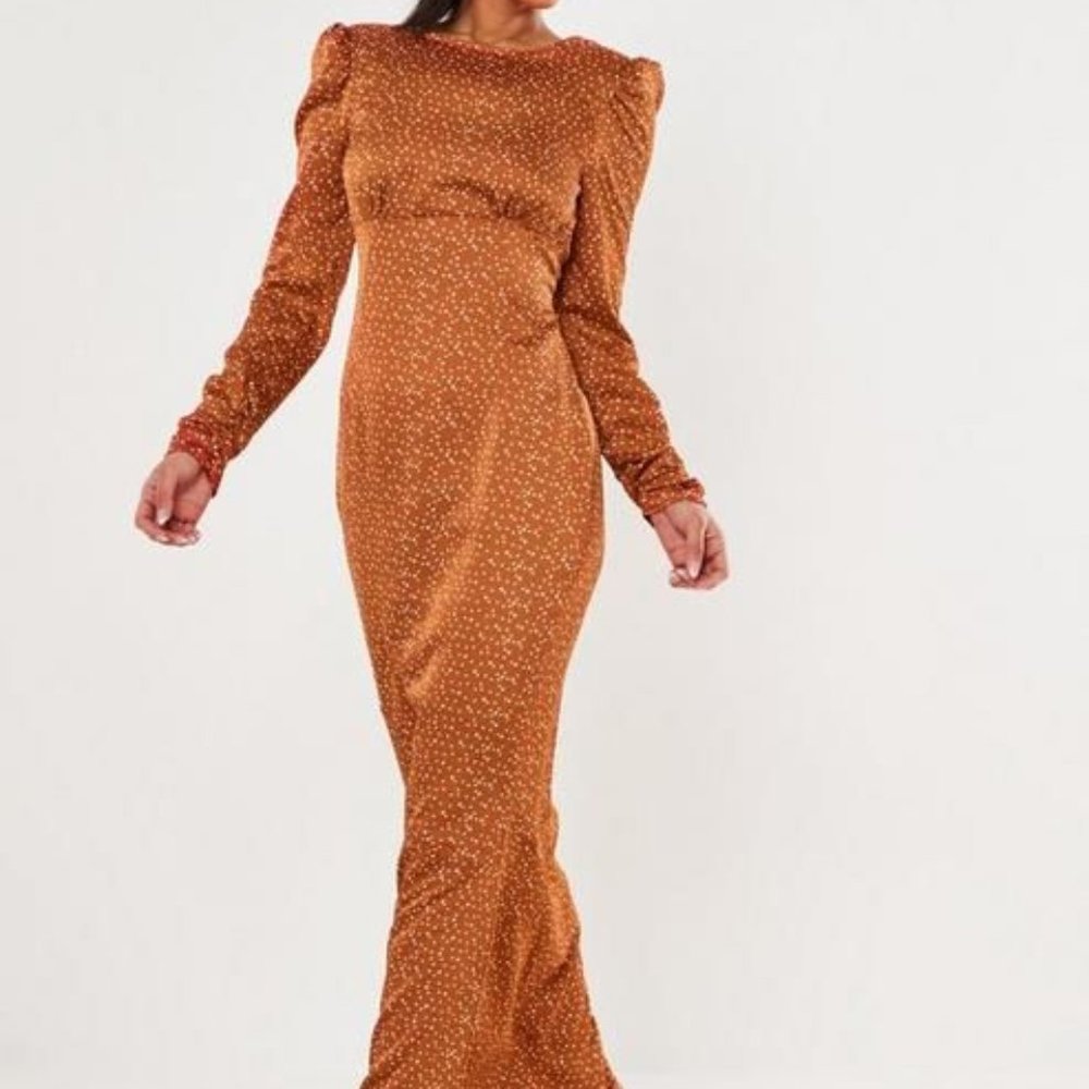 Missguided: Rust Polka Dot Satin Low Back Maxi Dre